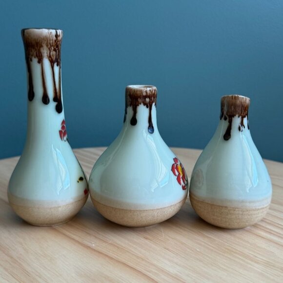 3 Vintage Asian Satsuma Vases Hand-Painted Ceramic Miniature Floral Neutrals - Picture 5 of 9
